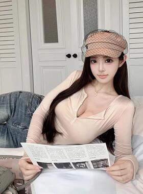 51STUDIO自制A- D钙奶韩女性感巨显大V领纽扣T恤休闲百搭长袖上衣