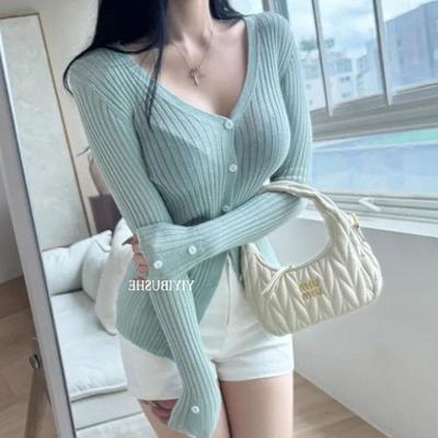 当天发51STUDIO自制ZM120清新薄荷色~超显白微透修身长袖针织开衫