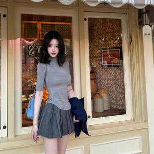 纯欲半高领中袖打底衫夏季薄款显身材气质纯色T恤上衣弧形短袖女