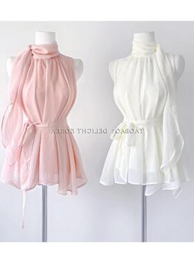 51STUDIO自制 两种穿法纯欲甜美温柔风粉色挂脖无袖雪纺上衣（4色