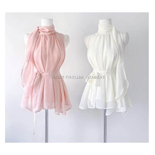 51STUDIO自制 两种穿法纯欲甜美温柔风粉色挂脖无袖雪纺上衣（4色