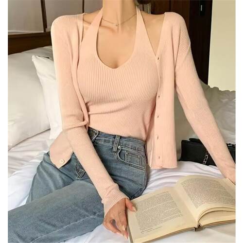 现货 51STUDIO自制 温油女人味V领背心针织开衫套装25早秋新款