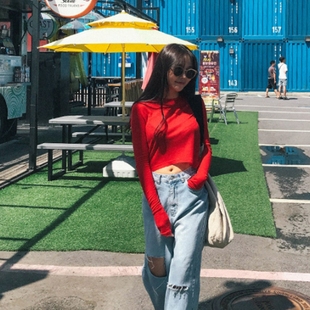 红色长袖t恤女bf韩版学生漏肚脐高腰短款港风chic露脐上衣宽松潮