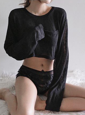 黑色长袖t恤女bf韩版学生漏肚脐高腰短款港风chic露脐上衣宽松潮