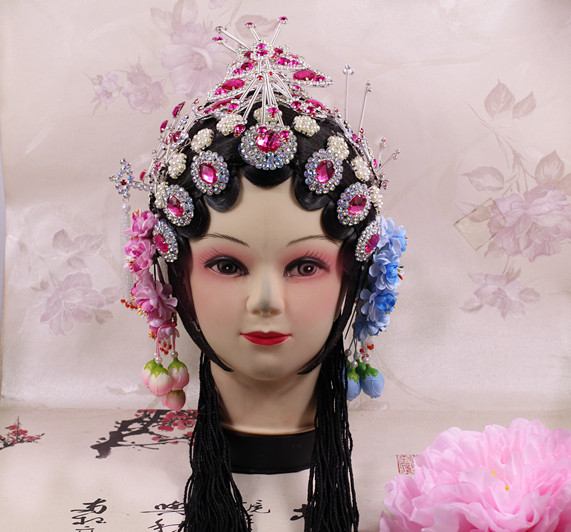 京剧戏剧戏曲花旦头饰,五彩钻仿真片子一体头饰包大头头套