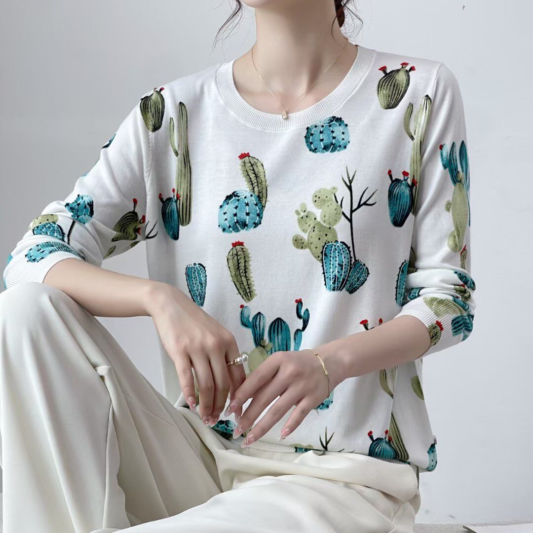 长袖拼接羊毛毛衣上衣薄24秋新品女时尚圆领印花大码套头针织打底