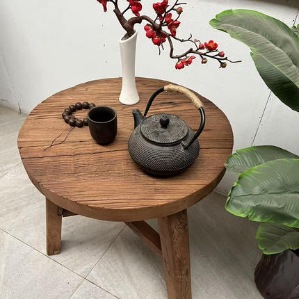 老榆木实木圆桌圆凳阳台茶桌沙发茶几边几客厅原木桌诧寂风民宿