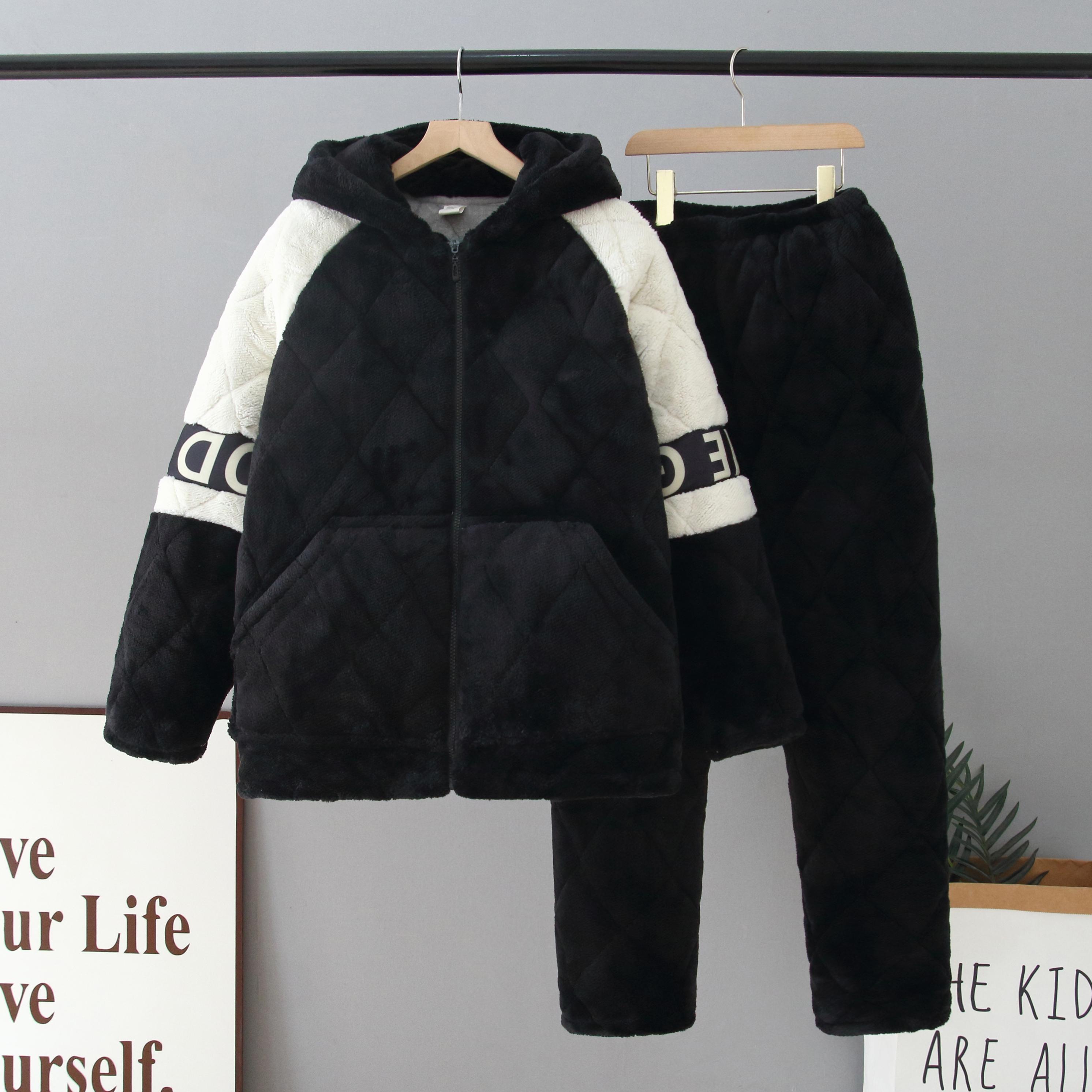 青少年冬加厚三层夹棉法兰绒睡衣