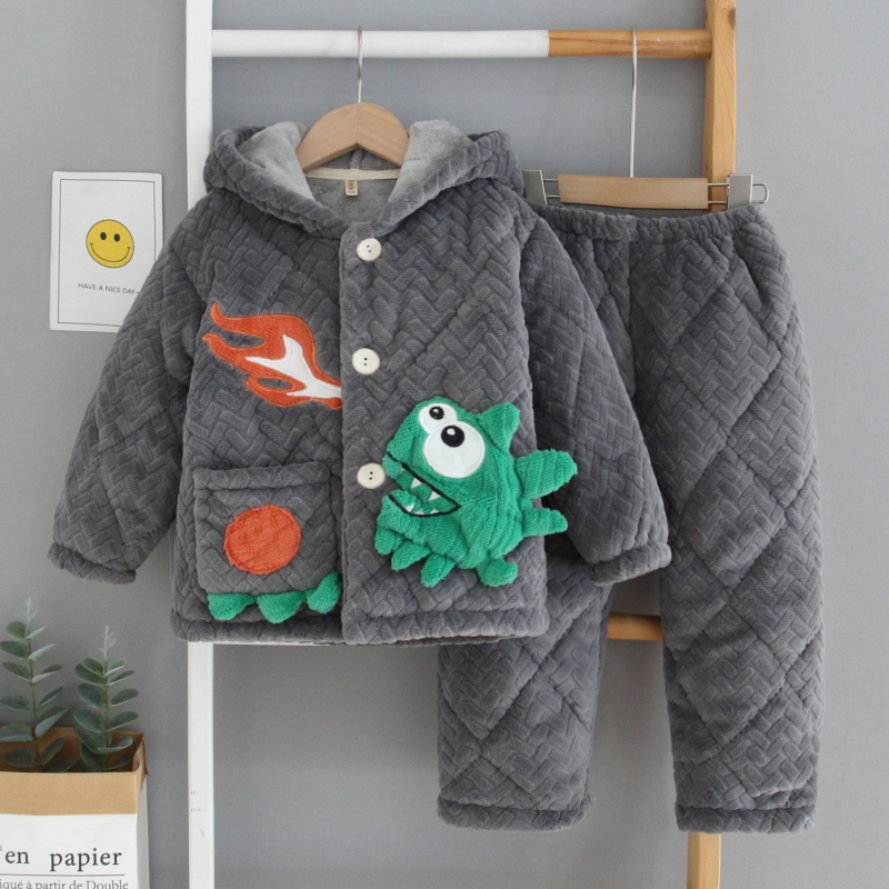 冬款加厚夹棉儿童法兰绒睡衣男女孩保暖珊瑚绒男女宝宝家居服套装