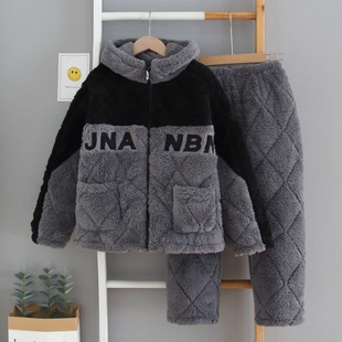 青少年加厚外套夹棉冬季珊瑚绒睡衣中大童学生男女三层儿童家居服