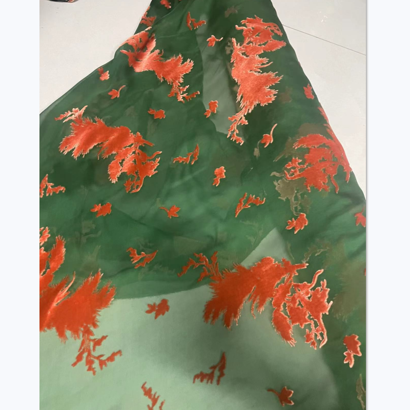 2022新品绿色底布烂花绒真丝布料桑蚕丝连衣裙旗袍新款服装面料