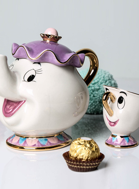 迪斯尼美女与野兽陶瓷镀金茶壶茶杯 Mrs. Potts 茶煲太太卡通套装