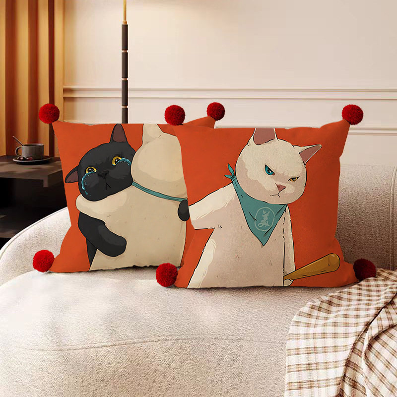 北欧动物卡通可爱猫咪情侣抱枕沙发客厅样板间绒面腰枕套靠枕靠垫