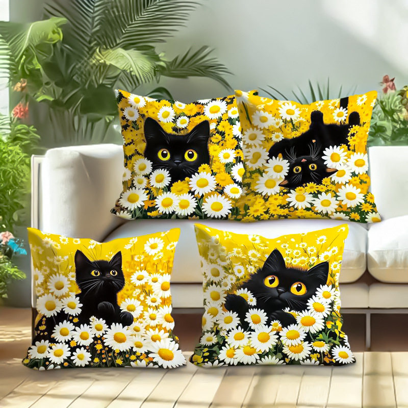跨境春季热销款系列靠枕套 黑猫花卉印花抱枕 家具沙发装饰抱枕套