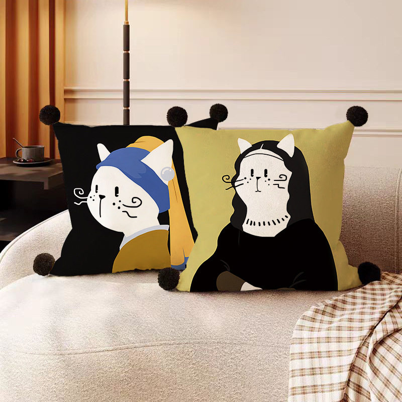 北欧猫猫经典现代简约抱枕沙发客厅床头样板绒面腰枕套靠枕靠垫背
