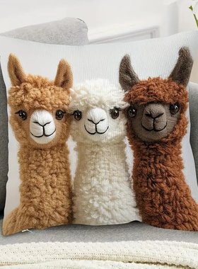 1件复古风格抱枕套羊驼三人组印花18x18英寸靠枕套可爱的动物设计