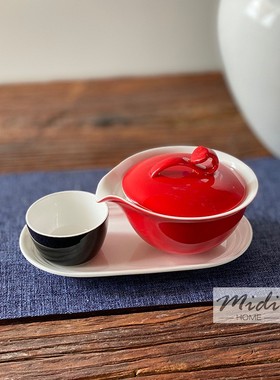 高温正红色骨瓷旅行茶壶一壶两杯礼盒装