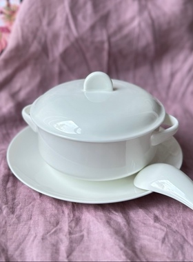 出口纯白高温高骨瓷双耳带盖炖盅汤盅洗碗机微波炉蒸箱适用