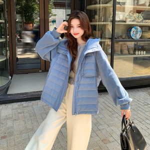 蓝色休闲范连帽短款排骨羽绒服女冬季2025年新款90白鸭绒保暖外套图片