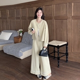 韩系穿搭黄色花边夹克套装女春秋超火好看高级小众阔腿裤两件套，商品下架区，唯尔萱