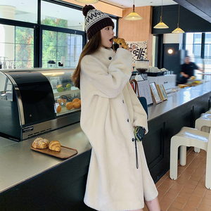 甜美风宽松立领中长款呢外套女2025冬季新款米白色双面呢保暖大衣图片