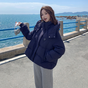 藏青色格纹拼接连帽短款羽绒服女冬季2025年新款韩系chic保暖外套图片