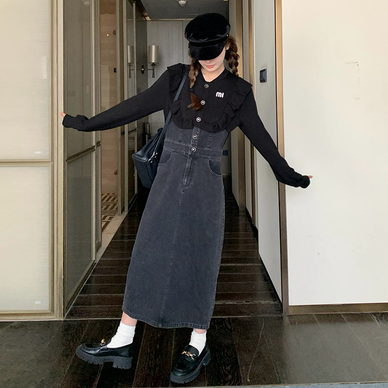 春装黑色拼接牛仔连衣裙2B080-8785-P155K218,女装连衣裙,2B080