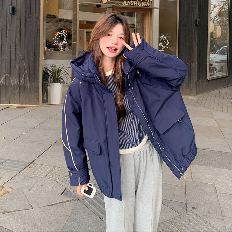 超好看蓝色连帽冲锋衣羽绒服冬女2025高级小众加厚保暖派克服外套,女装羽绒服,2B080