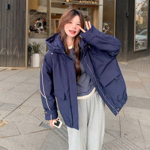 超好看蓝色连帽冲锋衣羽绒服冬女2025高级小众加厚保暖派克服外套图片