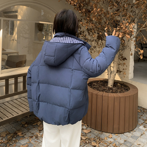 蓝色格子拼接时尚连帽羽绒服女2025年冬季新款90白鸭绒保暖面包服图片