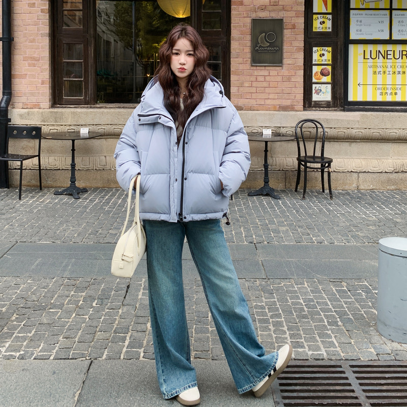 韩系浅蓝色短款连帽羽绒服外套女冬季2025新款巨好看白鸭绒面包服,女装羽绒服,2B080