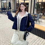 新款藏青色撞色宽松外套上衣双色057-9159p165k248，女装短外套，唯尔萱