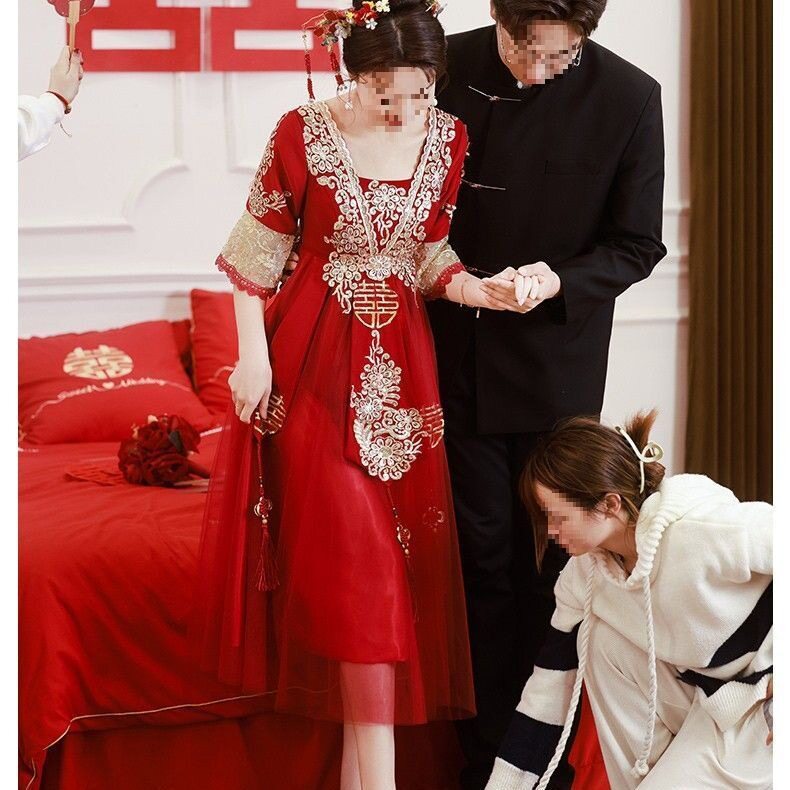 中式秀禾大码敬酒服孕妇显瘦酒红色蓬蓬裙胖新娘出阁宴订婚礼服