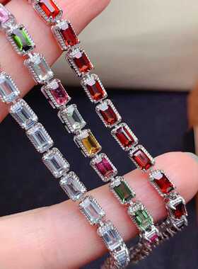 简单爪镶彩宝手链s925银镶嵌天然海蓝宝碧玺石榴石长方3*5满镶
