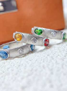 磨砂拉丝款活口戒925银镶嵌天然透辉石黄水晶伦敦蓝托帕石指圈