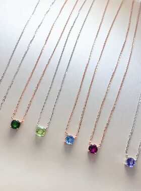 新款锁骨链925银镶嵌天然多宝圆形项链水晶托帕坦桑石6*6橄榄石