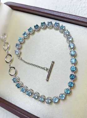 简单爪镶满镶款圆形手链s925银镶嵌天然渐变蓝托帕糖果色碧玺手饰