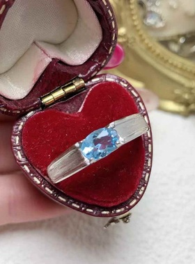 拉丝款男戒s925银镶嵌天然星光蓝宝石蓝托帕活口女士戒指简单爪镶