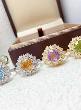 彩宝首饰豪华围钻款戒指s925银镶嵌天然多宝活口女手饰蓝托帕水晶