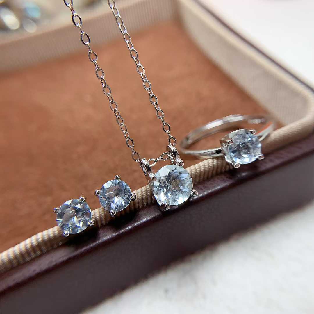 简单爪镶套装s925银镶嵌天然海蓝宝圆形宝石戒指吊坠耳钉精致百搭