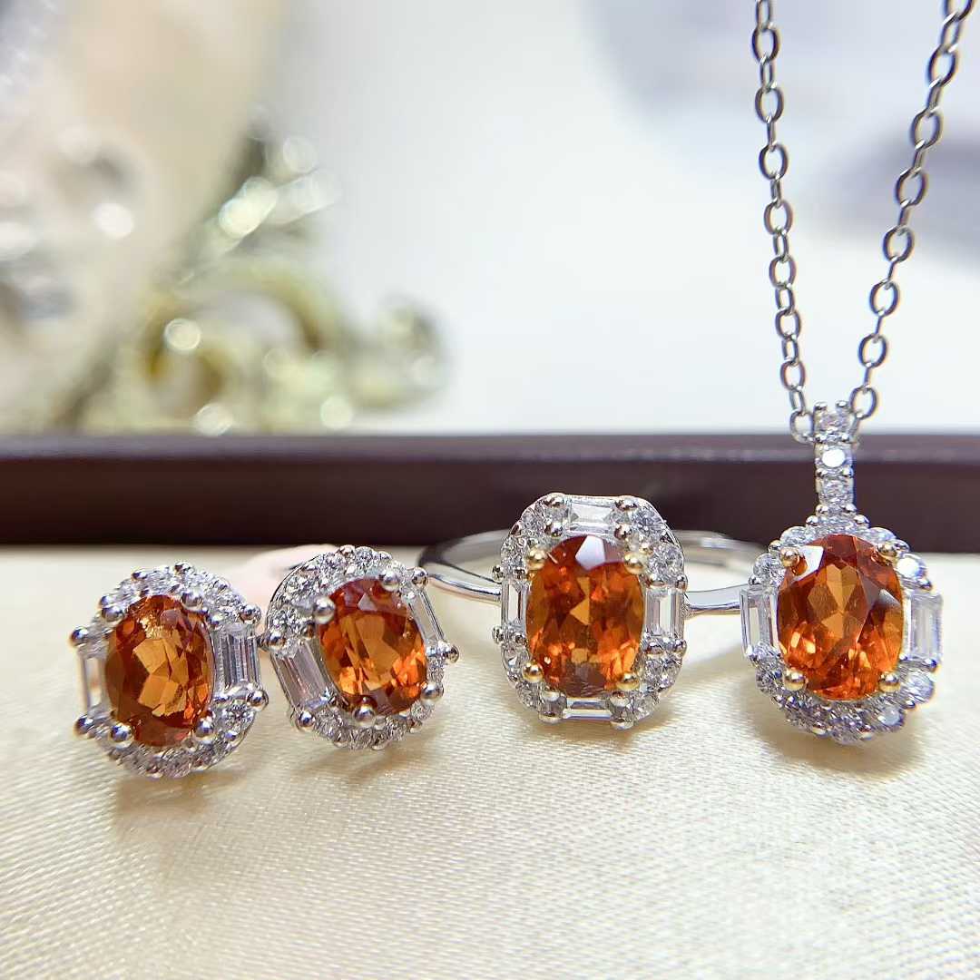 日常款首饰s925银镶嵌天然芬达石榴石戒指吊坠耳钉女套装精致百搭