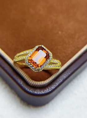 个性扭臂围钻款长方戒s925银镶嵌天然芬达石榴石活口女戒指