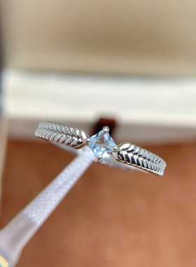 彩宝首饰精致百搭款戒指s925银镶嵌天然方形海蓝宝活口女食指戒