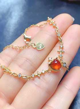 彩宝首饰新款手链s925银镶嵌天然素面心形芬达石榴石手饰精致百搭