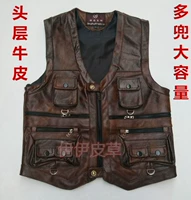 Vest da nam lớp đầu tiên vest da vest vai trung niên ngoài trời vest vest vai mùa xuân và mùa thu chụp ảnh nhiều túi - Dệt kim Vest áo len dệt kim