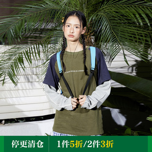 上衣 宽松长袖 MoodLikeMe 假两件圆领拼接磨毛全棉T恤2024春秋新款