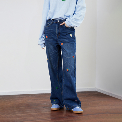 MoodLikeMe 水果刺绣印花宽松直筒水洗牛仔裤长裤休闲百搭设计