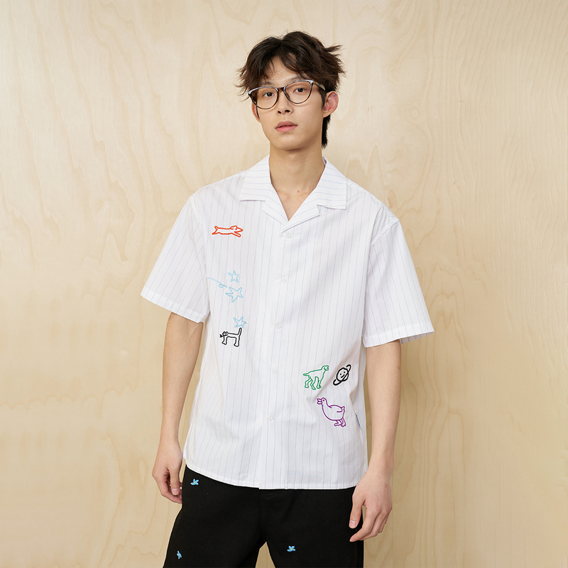 MoodLikeMe 25ss 海岛奇遇手绘线条涂鸦链条绣条纹衬衫