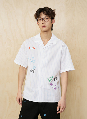 MoodLikeMe 25ss 海岛奇遇手绘线条涂鸦链条绣条纹衬衫