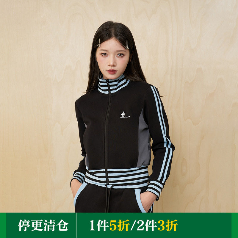 MoodLikeMe「风格运动家」蓝黑拼接刺绣复古运动开衫2025撞色外套